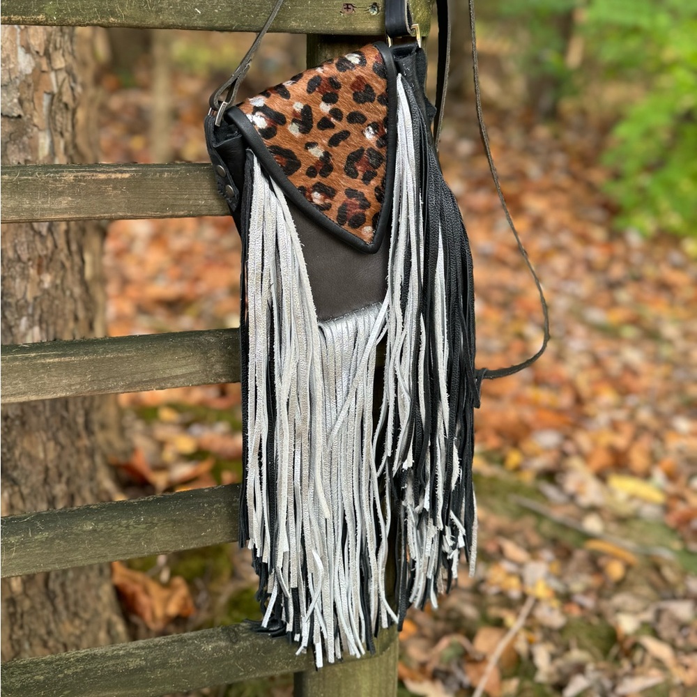 Leopard & Metallic Leather Handbag with Silver Accents, Handmade in USA (8x6x3)